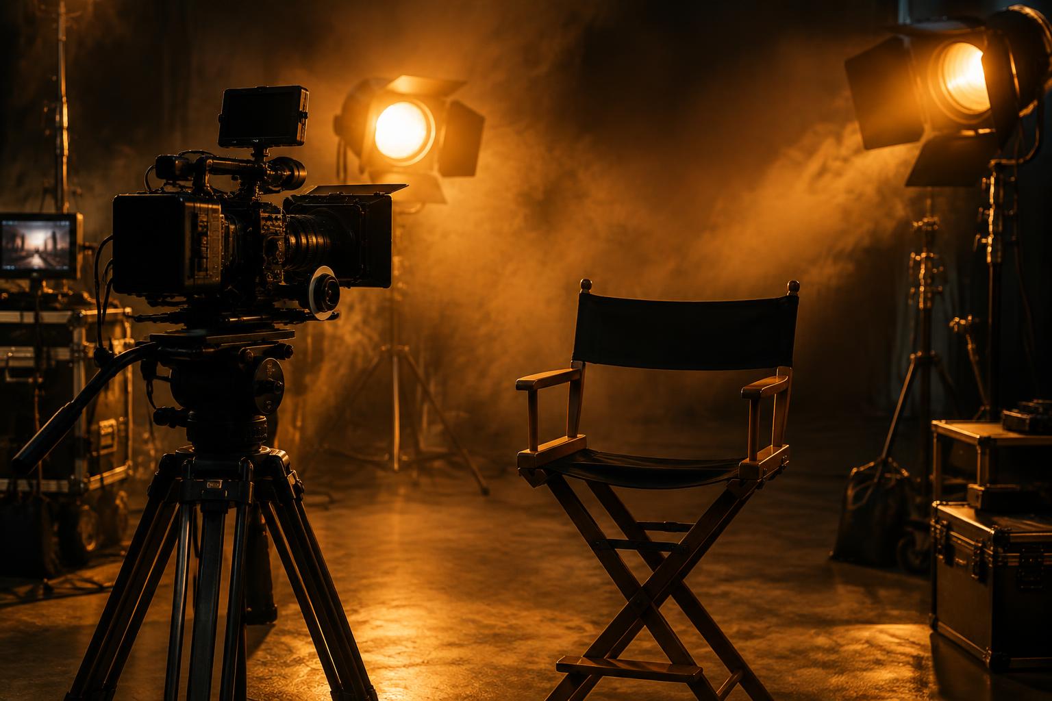 Cinema camera and director’s chair on a warmly lit film set